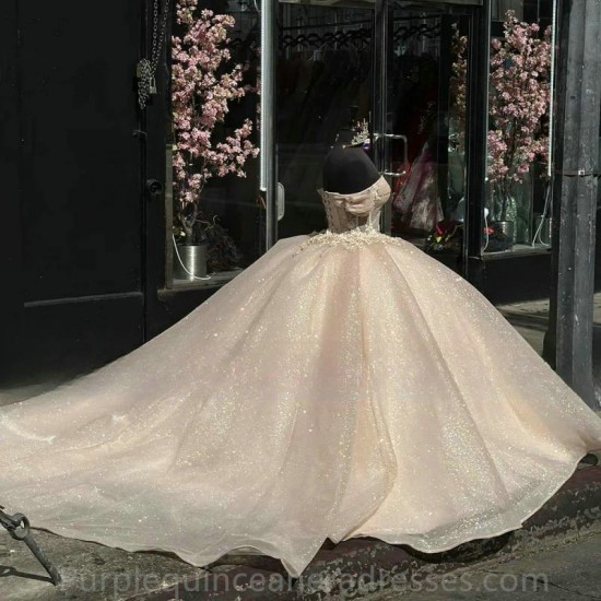 Off Shoulder Champagne Ball Gown Quinceanera Dresses Sparkly Sweet 16 Dress Vestido De 15 Anos