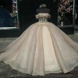 Off Shoulder Champagne Ball Gown Quinceanera Dresses Sparkly Sweet 16 Dress Vestido De 15 Anos