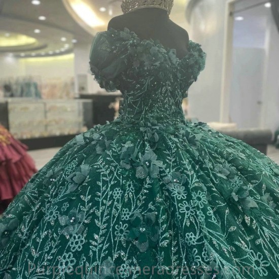 Off Shoulder Emerald Green Quinceanera Dress Lace Applique Beads Sweet 16 Robe De Soirée Vestidos De 15 Anos