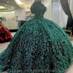 Off Shoulder Emerald Green Quinceanera Dress Lace Applique Beads Sweet 16 Robe De Soirée Vestidos De 15 Anos