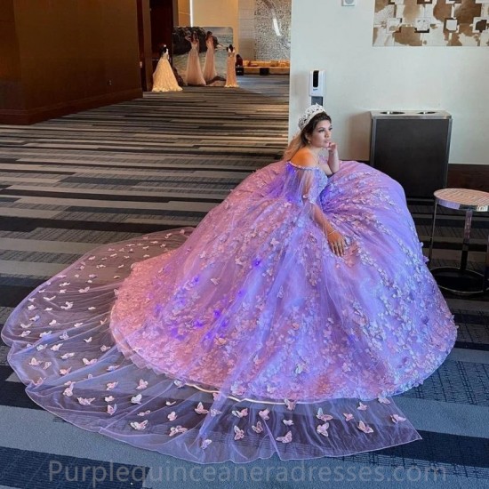 Off Shoulder Lilac Sweet 16 Quinceanera Dress with Cape 2024 Butterfly Appliques Princess Party Gown Vestidos De 15 Años