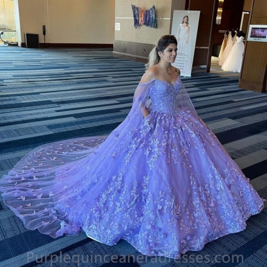 Off Shoulder Lilac Sweet 16 Quinceanera Dress with Cape 2024 Butterfly Appliques Princess Party Gown Vestidos De 15 Años