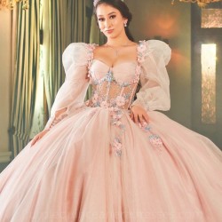 Off Shoulder Pink Ball Gown Quinceanera Dresses Puff Sleeve Crystal Appliques Lace Sweet 16 Dress Vestido 15 Anos