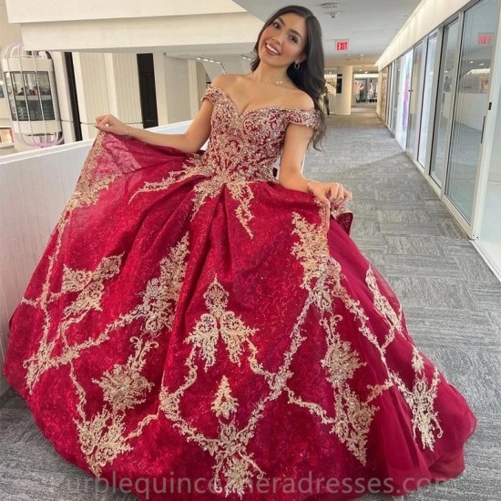 Off Shoulder Red Mexi Ball Gown Quinceanera Dresses Luxury Golden Appliques Beads Sweet 16 Dress Lace Up Vestidos De 15 Años