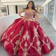 Off Shoulder Red Mexi Ball Gown Quinceanera Dresses Luxury Golden Appliques Beads Sweet 16 Dress Lace Up Vestidos De 15 Años