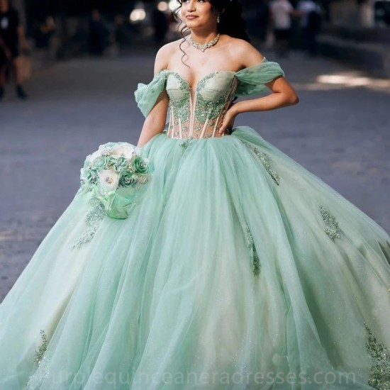 Off Shoulder Veralove Quinceanera Dresses Appliques Beads Girl Sweet 16 Dress Vestidos De 15 Años