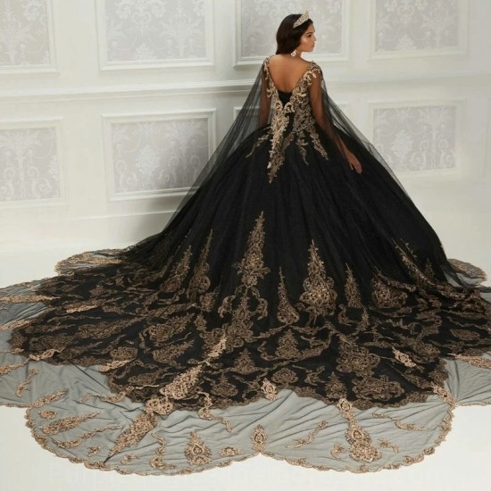 Off The Shoulder Black Quinceanera Dresses Sweet 16 Ball Gown Gold Lace Appliques Beads With Cape Pageant Party Princess