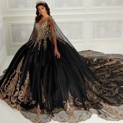 Off The Shoulder Black Quinceanera Dresses Sweet 16 Ball Gown Gold Lace Appliques Beads With Cape Pageant Party Princess