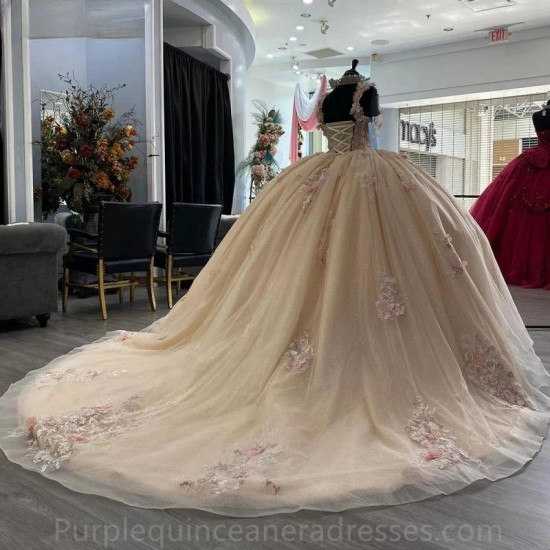 Off The Shoulder Champagne Appliques Lace Ball Gown Quinceanera Dresses 3D Butterfly Corset Vestidos De 15 Años