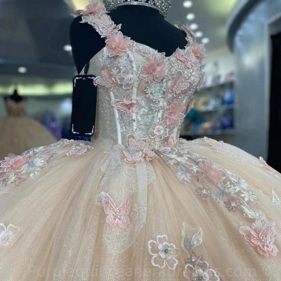 Off The Shoulder Champagne Appliques Lace Ball Gown Quinceanera Dresses 3D Butterfly Corset Vestidos De 15 Años