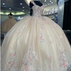 Off The Shoulder Champagne Appliques Lace Ball Gown Quinceanera Dresses 3D Butterfly Corset Vestidos De 15 Años