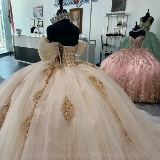 Off The Shoulder Champagne Beading Ball Gown Quinceanera Dresses Illusion 3D Flowers Appliques Lace Corset Vestidos De 15 Años