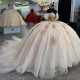 Off The Shoulder Champagne Beading Ball Gown Quinceanera Dresses Illusion 3D Flowers Appliques Lace Corset Vestidos De 15 Años