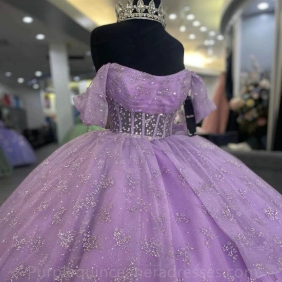 Off The Shoulder Lavender Quinceanera Dress 2024 Ball Gown Sweep Train Tulle Lace Beads Princess Party Prom Dress