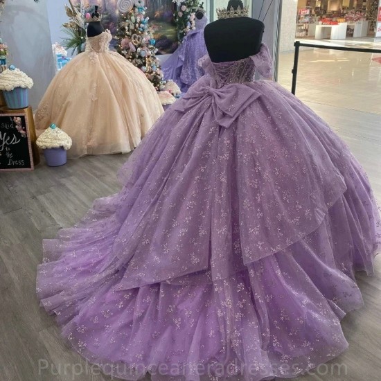 Off The Shoulder Lavender Quinceanera Dress 2024 Ball Gown Sweep Train Tulle Lace Beads Princess Party Prom Dress