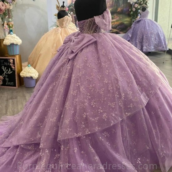 Off The Shoulder Lavender Quinceanera Dress 2024 Ball Gown Sweep Train Tulle Lace Beads Princess Party Prom Dress