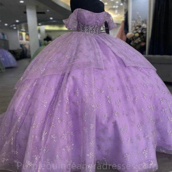 Off The Shoulder Lavender Quinceanera Dress 2024 Ball Gown Sweep Train Tulle Lace Beads Princess Party Prom Dress