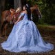 Off The Shoulder Light Blue Ball Gown Quinceanera Dresses Sequined Appliques Lace Corset Vestidos De 15 Años