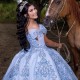 Off The Shoulder Light Blue Ball Gown Quinceanera Dresses Sequined Appliques Lace Corset Vestidos De 15 Años