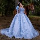 Off The Shoulder Light Blue Ball Gown Quinceanera Dresses Sequined Appliques Lace Corset Vestidos De 15 Años