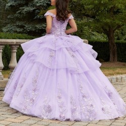 Off The Shoulder Lilac Quinceanera Dresses Tulle 3D Flower Beading Pageant Lace Up Vestidos De 15 Años Princess Ball