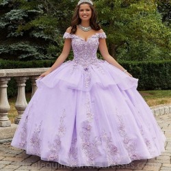 Off The Shoulder Lilac Quinceanera Dresses Tulle 3D Flower Beading Pageant Lace Up Vestidos De 15 Años Princess Ball