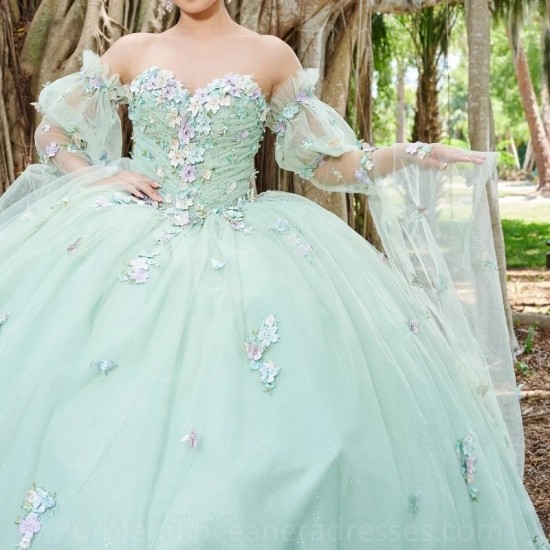 Off The Shoulder Light Green Shiny Quinceanera Dresses Tulle 3D Flower Beading Pageant Lace Up Vestidos De 15 Años