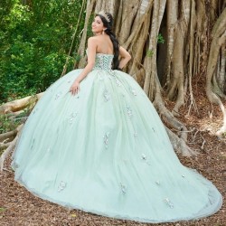 Off The Shoulder Light Green Shiny Quinceanera Dresses Tulle 3D Flower Beading Pageant Lace Up Vestidos De 15 Años