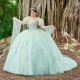 Off The Shoulder Light Green Shiny Quinceanera Dresses Tulle 3D Flower Beading Pageant Lace Up Vestidos De 15 Años