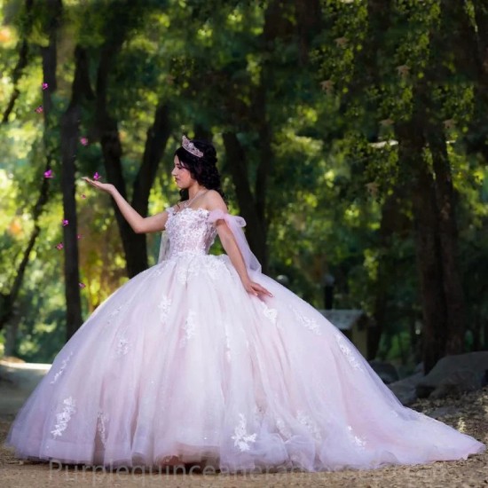 Off The Shoulder Light Pink Ribbons Quinceanera Dresses Ball Gown Floral Appliques Lace Corset Vestidos De 15 Años