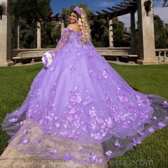 Off The Shoulder Lilac 3D Flowers Appliques Lace Quinceanera Dresses Ball Gown Beading Crystal Corset Vestidos De 15 Años