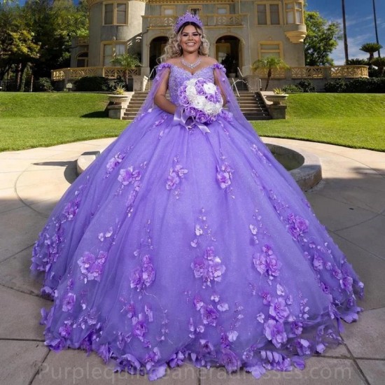 Off The Shoulder Lilac 3D Flowers Appliques Lace Quinceanera Dresses Ball Gown Beading Crystal Corset Vestidos De 15 Años