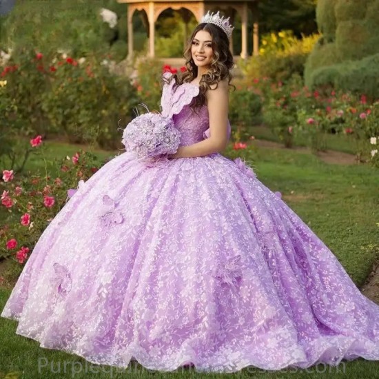 Off The Shoulder Lilac Sequined Lace 3D Butterfly Quinceanera Dresses Ball Gown Beading Crystal Corset Vestidos De 15 Años