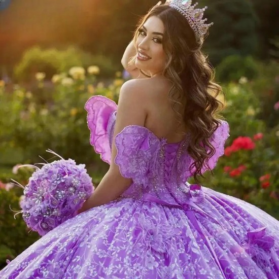 Off The Shoulder Lilac Sequined Lace 3D Butterfly Quinceanera Dresses Ball Gown Beading Crystal Corset Vestidos De 15 Años