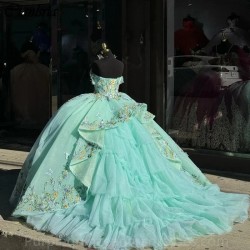 Off The Shoulder Mint Green Floral Appliques Lace Ball Gown Quinceanera Dresses Corset Vestidos De 15 Años