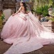 Off The Shoulder Pink 3D Butterfly Bow Ball Gown Quinceanera Dresses Illusion Crystal Beading Corset Vestidos De 15 Años