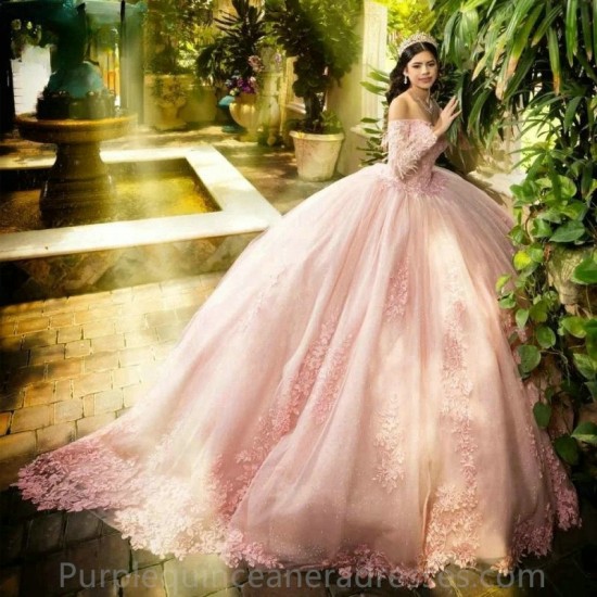 Off The Shoulder Pink Feathers Ball Gown Quinceanera Dresses Long Sleeve Appliques Lace Corset Sweet 16 Vestido De 15 Anos