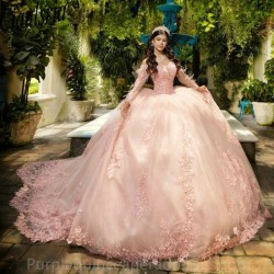 Off The Shoulder Pink Feathers Ball Gown Quinceanera Dresses Long Sleeve Appliques Lace Corset Sweet 16 Vestido De 15 Anos