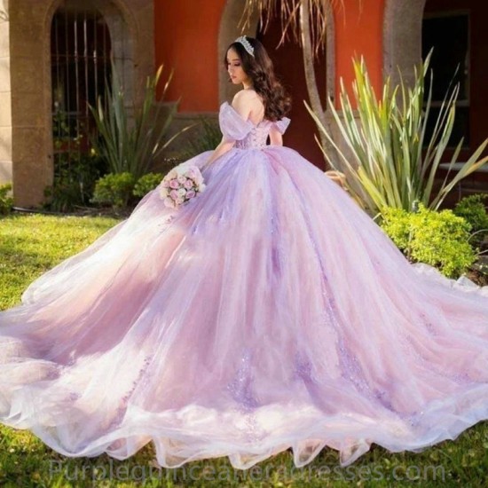 Off The Shoulder Purple Flowers Sequin Tulle Evening Dress 2024 Ball Gown Floor Length Sweep Train Quinceanera Dress