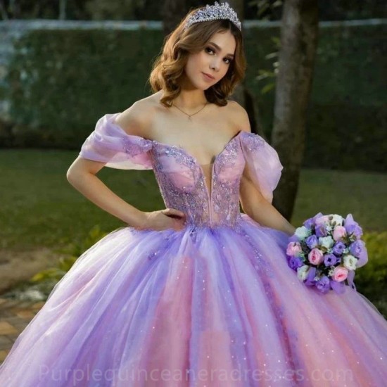 Off The Shoulder Purple Flowers Sequin Tulle Evening Dress 2024 Ball Gown Floor Length Sweep Train Quinceanera Dress