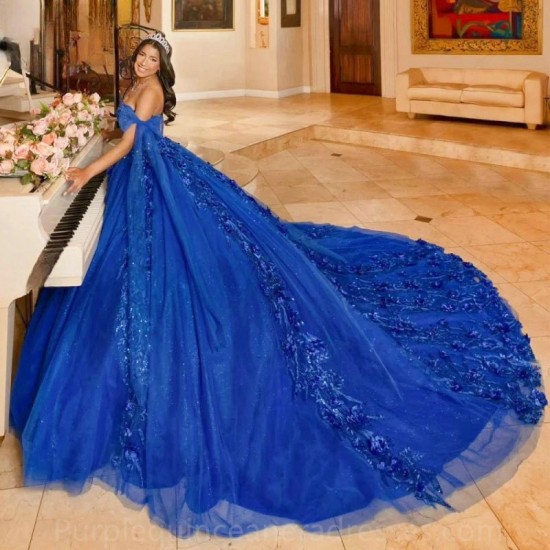 Off The Shoulder Royal Blue 3D Flowers Bow Ball Gown Quinceanera Dresses Appliques Lace Sweet 16 Corset Vestido De 15 Anos