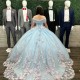 Off The Shoulder Sky Blue Quinceanera Dresses Pink 3D Flowers Floral Appliques Lace Ball Gown Corset Vestido