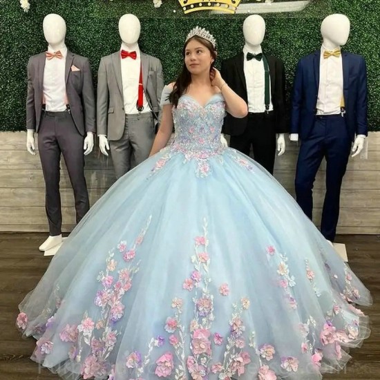 Off The Shoulder Sky Blue Quinceanera Dresses Pink 3D Flowers Floral Appliques Lace Ball Gown Corset Vestido