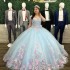 Off The Shoulder Sky Blue Quinceanera Dresses Pink 3D Flowers Floral Appliques Lace Ball Gown Corset Vestido