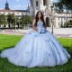 Off The Shoulder Sky Blue Sweetheart Quinceanera Dress 2024 Ball Gown Sweep Train Bow Beads Tulle Princess Party Prom Dress