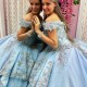 Off the Shoulder Sky Blue Quinceanera Dress Ball Gown Tulle Applique Lace 3D Flower Beads Sweet 16 Dress Vestidos De Fiesta