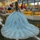 Off the Shoulder Sky Blue Quinceanera Dress Ball Gown Tulle Applique Lace 3D Flower Beads Sweet 16 Dress Vestidos De Fiesta