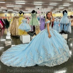 Off the Shoulder Sky Blue Quinceanera Dress Ball Gown Tulle Applique Lace 3D Flower Beads Sweet 16 Dress Vestidos De Fiesta