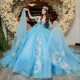 Off the Shoulder Sky Blue Shiny Ball Gown Quinceanera Dresses Handmade Flowers Appliques Lace Beads Corset Prom Vestido De 15 1