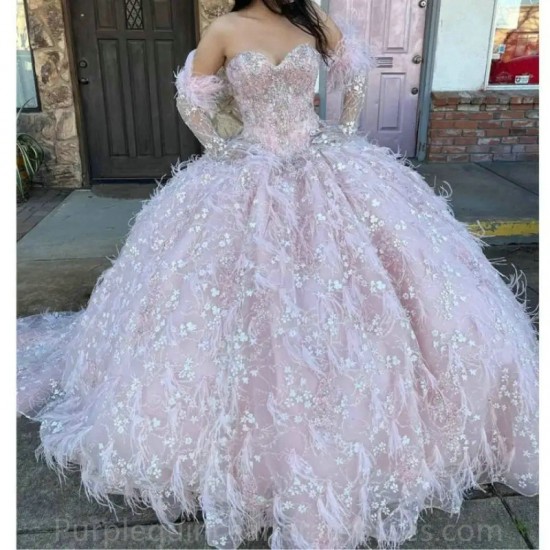 Pink Feathers Quinceanera Dresses With Detached Sleeves Ball Gown Birthday Party Dress Lace Up Graduation Gown Vestido De 15